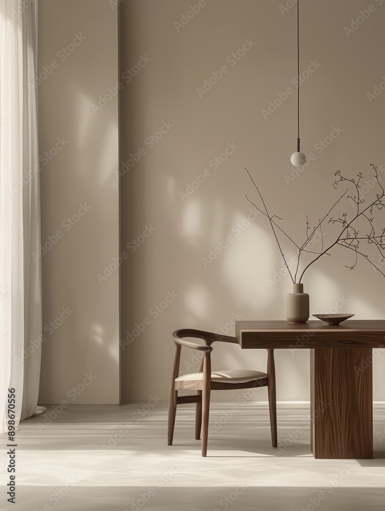 Poster A wooden table and chair sit in a minimalist dining room with a single light fixture hanging above. Natural light streams in from a window. Generative AI