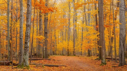 Illustration A quiet forest path filled with autumn leaves, illuminated by sunlight. AI generated images