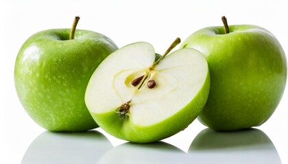 Two green apples and half of green apple on white background. File contains clipping path.