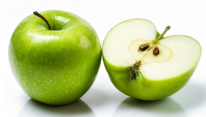 Two green apples and half of green apple on white background. File contains clipping path.