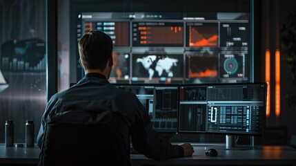 Man Working on Monitors in a Dark Room