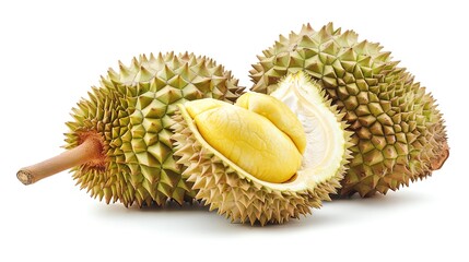 Fototapeta premium Close-up of ripe durian fruit with yellow flesh on a white background. Ideal for exotic food and fruit photography and stock images.