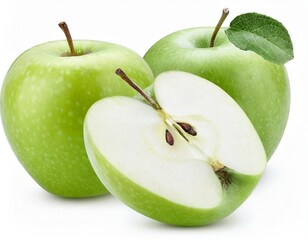 Two green apples and half of green apple on white background. File contains clipping path.