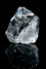 Black and white photograph of an isolated transparent quartz crystal with sharp edges