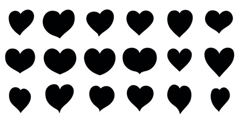 Set of black different heart shape isolated on transparent background. Design element for wedding, Valentine day card, like symbol, health care. Vector illustration