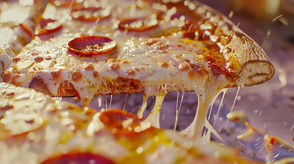 Fresh Diavola Italian pizza slice close-up with melted cheese