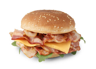 Delicious burger with bacon and cheese isolated on white