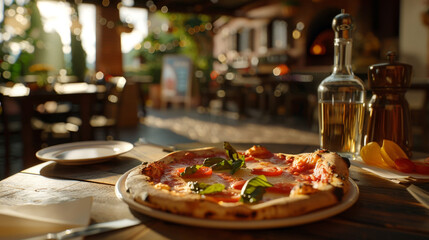 Authentic Italian Pizza with Fresh Basil on old rustic wooden table with restaurant background