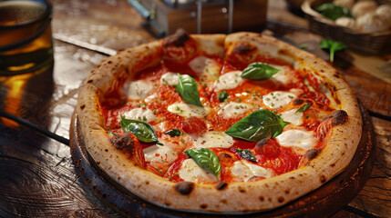 Authentic Italian Pizza margherita with Fresh Basil on old rustic wooden table top view