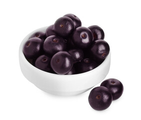 Fresh ripe acai berries in bowl isolated on white
