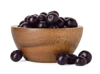Fresh ripe acai berries in bowl isolated on white