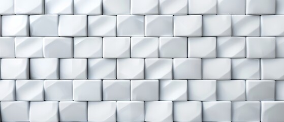  A tight shot of a white wall composed of varied-sized and -shaped cubes, reflecting soft light