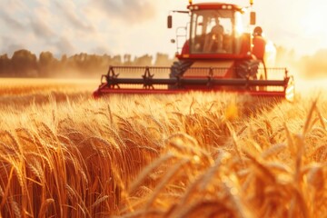 Fototapeta premium Combine harvester working in a golden wheat field at sunset.