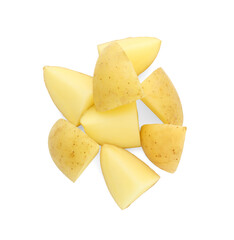 Pile of fresh cut potato isolated on white, top view