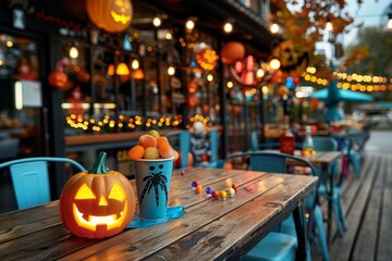 Spooky Halloween Patio: A glowing jack-o'-lantern sits on a wooden table outside a festively decorated restaurant, inviting guests to a spooky and fun Halloween celebration. 