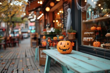 Fototapeta premium Halloween Cheer on a Charming City Street: A carved pumpkin grins invitingly from a rustic bench, setting a festive scene outside a cozy cafe adorned with autumnal delights and spooky decor. 
