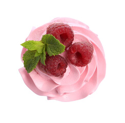 Tasty cupcake with raspberries and mint isolated on white, top view