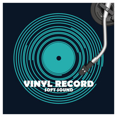Stylized vinyl record with tonearm and inscription - Vinyl record, soft sound. Dark blue background. Vector illustration © Jeo-Pardy