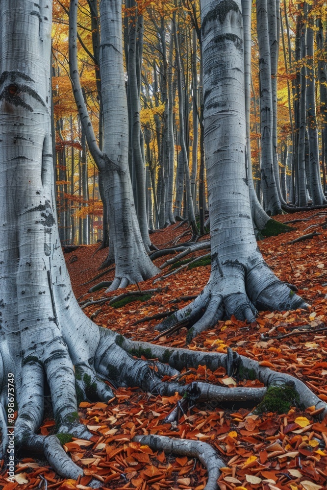 Poster a group of trees with fallen leaves on the ground