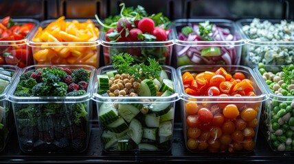 Obraz premium Colorful Fresh Vegetables and Fruits in Transparent Containers on Display in a Market or Grocery Store