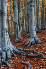 A group of trees with fallen leaves on the ground