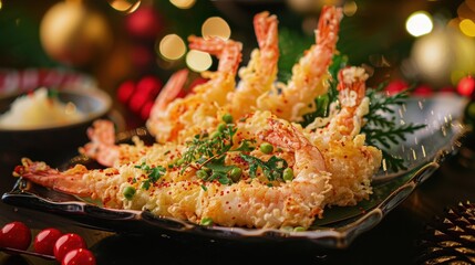 Deliciously cooked shrimp on a festive plate, garnished with herbs, perfect for holiday gatherings and gourmet meals.