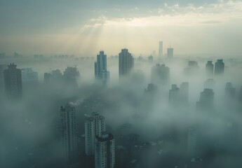 Fototapeta premium A city skyline shrouded in thick smog, with buildings barely visible through the haze