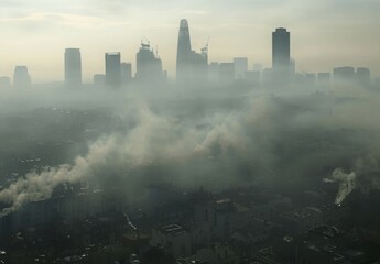A city skyline shrouded in thick smog, with buildings barely visible through the haze