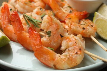 Skewers with delicious grilled shrimps served on plate, closeup