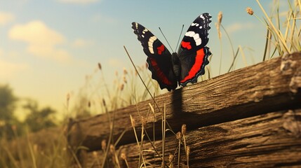 A High-definition image of a Red Admiral butterfly with bold red and black markings, perched on the edge of a rustic wooden fence surrounded by wild grasses.