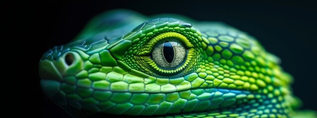 Fototapeta premium A tight shot of a lizard's eye against a black backdrop, showcasing intricate green and blue markings on its body