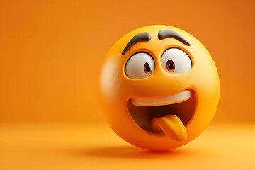 Joyful yellow emoji with tongue out on a vibrant orange background, expressing playful excitement.