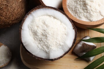Coconut flour and fresh fruits on table, flat lay