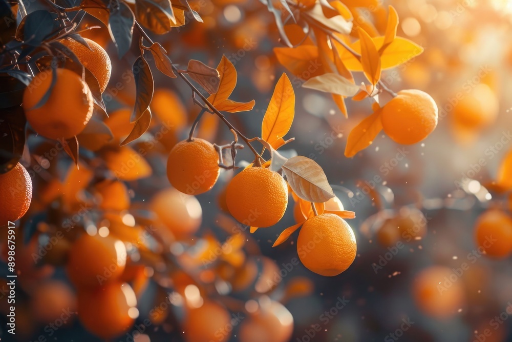 Poster a bunch of oranges hang from the branches of a tree, ready for harvesting