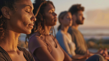 Obraz premium Group Meditation at Sunset with Diverse Individuals in Peaceful Reflection 