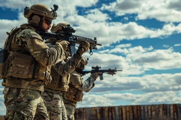 Obraz premium A group of soldiers holding guns, ready for action or mission