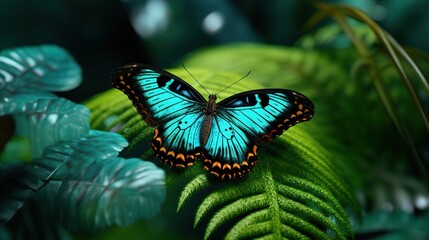 A Malachite butterfly, with its green and black marbled wings, nestled amongst the lush foliage of a tropical rainforest.