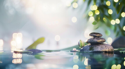 spa still life background with stack of Zen stones on water surface. Candles lights on background with bokeh