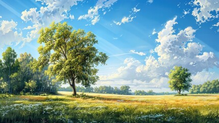 Fototapeta premium Illustration of Summer Scenery in the meadow and trees under bright sunlight. Ai generated image