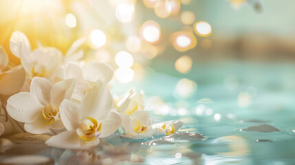 spa still life orchid flower and petals  on water surface with bokeh background
