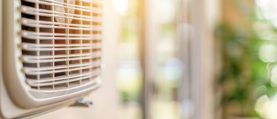  A tight shot of a window air conditioner unit, with an out-of-focus backdrop of a house exterior