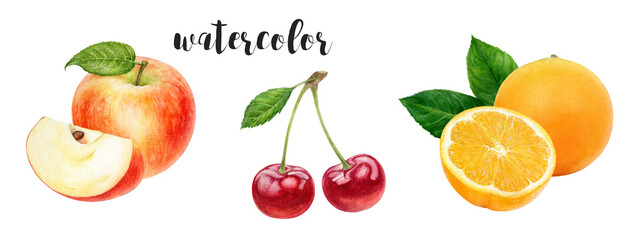 Watercolor illustration of fresh fruits apples, cherries, and oranges isolated on white