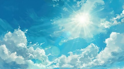 Illustration of Sun view in bright blue sky with clouds. Ai generated image
