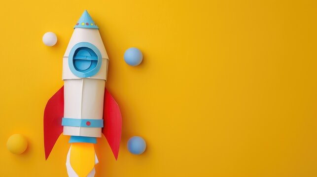 Kindergarten crafts Paper spaceship astronaut on yellow background with space for text Party launch from toilet tube recycling creative concept