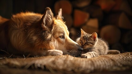 A Heartwarming Moment Between a Dog and Cat at Play, Puppy And Kitten, Dog and Cat Playing Together