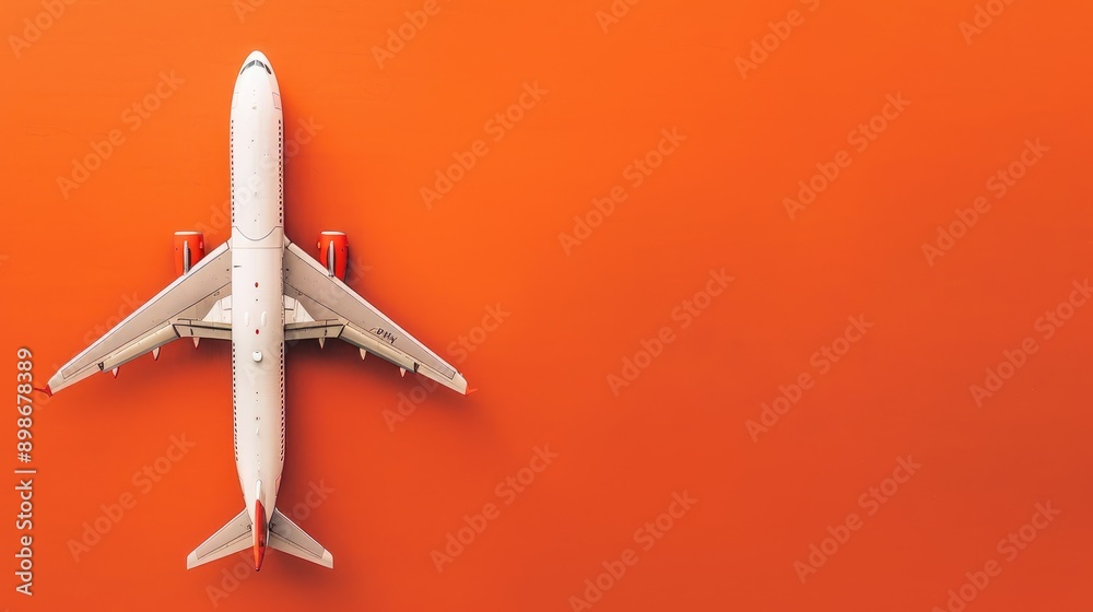 Poster Travel concept with plane on orange backdrop in flat lay perspective