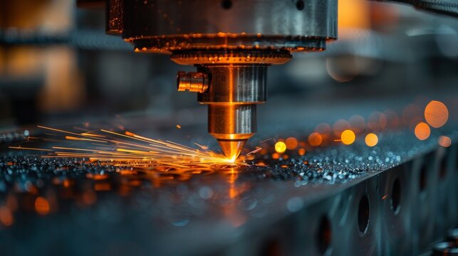 Industrial laser is cutting metal sheet, creating bright sparks flying away from the cutting point