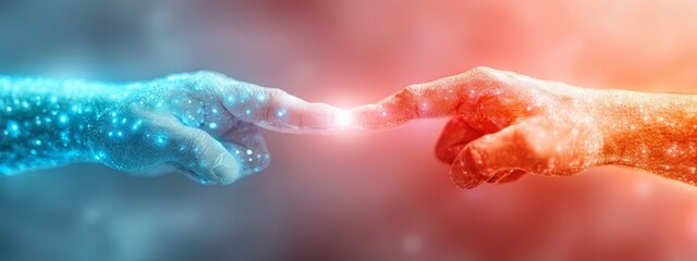 Fototapeta premium red & blue background with luminescent dots - hands emitting lights