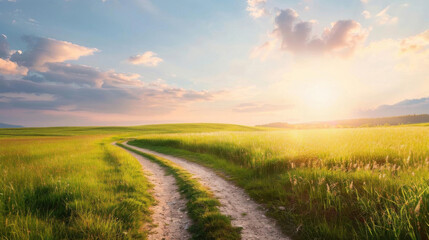 Fototapeta premium A path leading to a bright horizon with signs labeled Goals and Purpose, clean landscape background, representing the journey towards meaningful achievements, ample copy space