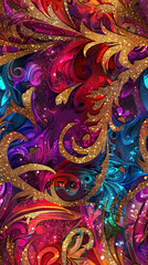 Fototapeta premium Lush golden leaves against a dynamic galaxy backdrop form a captivating and opulent seamless pattern